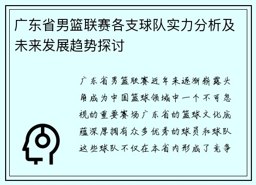 广东省男篮联赛各支球队实力分析及未来发展趋势探讨