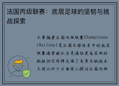 法国丙级联赛:底层足球的坚韧与挑战探索